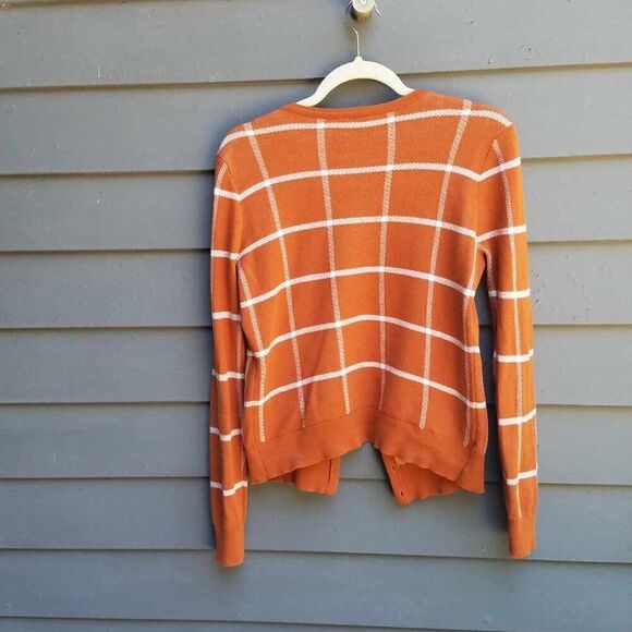 Ann Taylor Factory Pumpkin & White Plaid Cardigan Sweater Medium - Picture 5 of 10